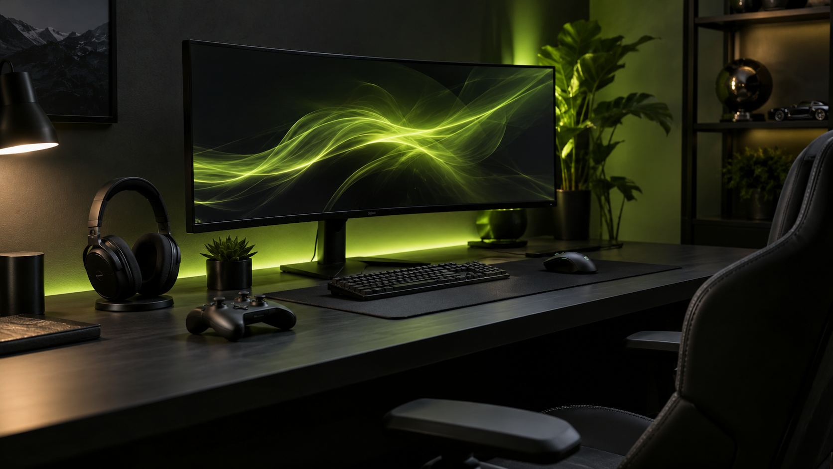 A modern gaming and home office setup with lime lighting